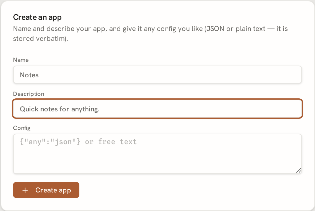 The 'create app' form open in the app list, with a name field and a Create button.
