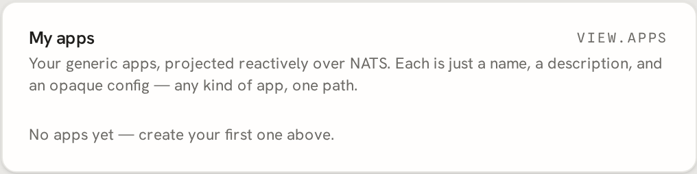 The app list at /app/ in its empty state, with a 'create your first app' prompt.