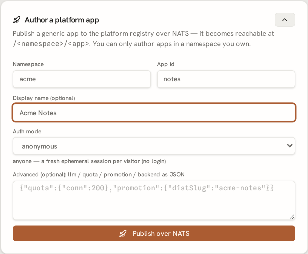 The 'Author a platform app' panel: a JSON textarea with a Publish button.
