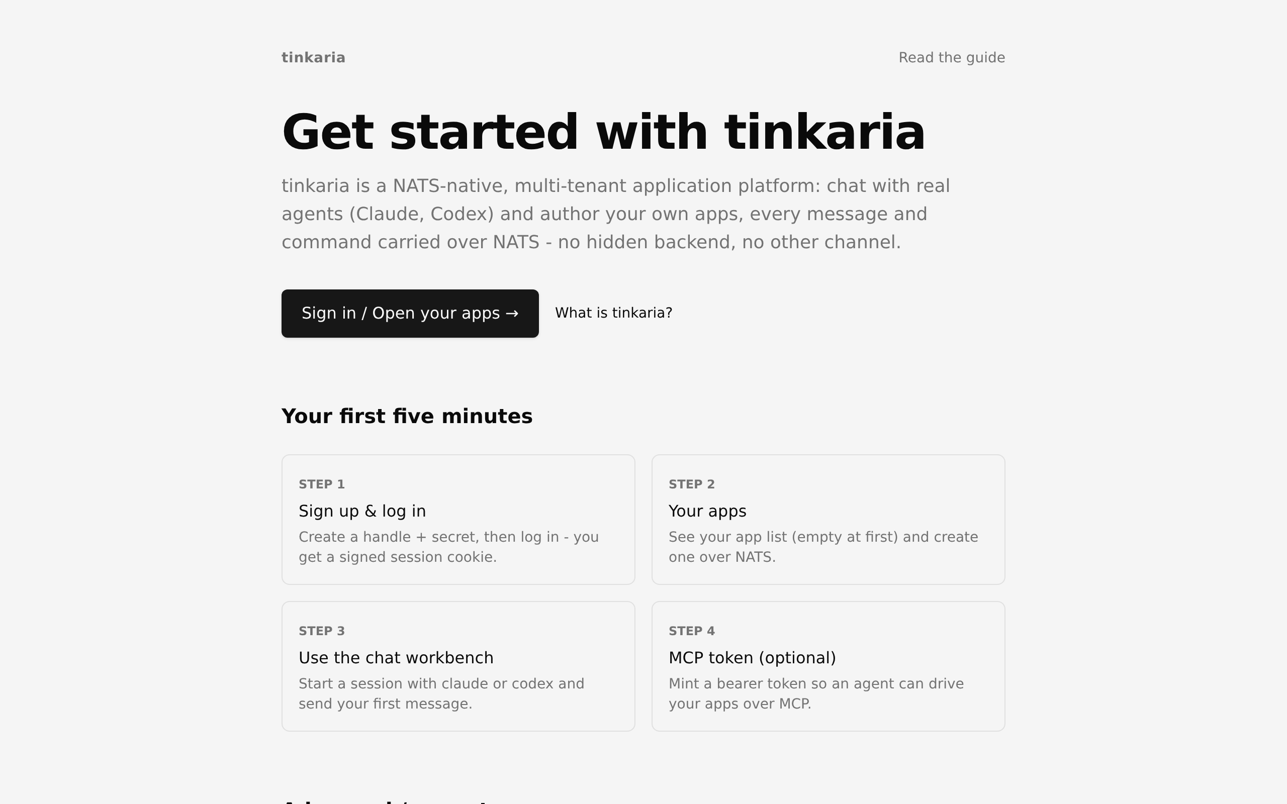 The tinkaria homepage at t.tini.works/ - this onboarding page.