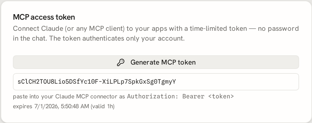 The MCP token panel showing a freshly minted token (shown once) and its expiry.